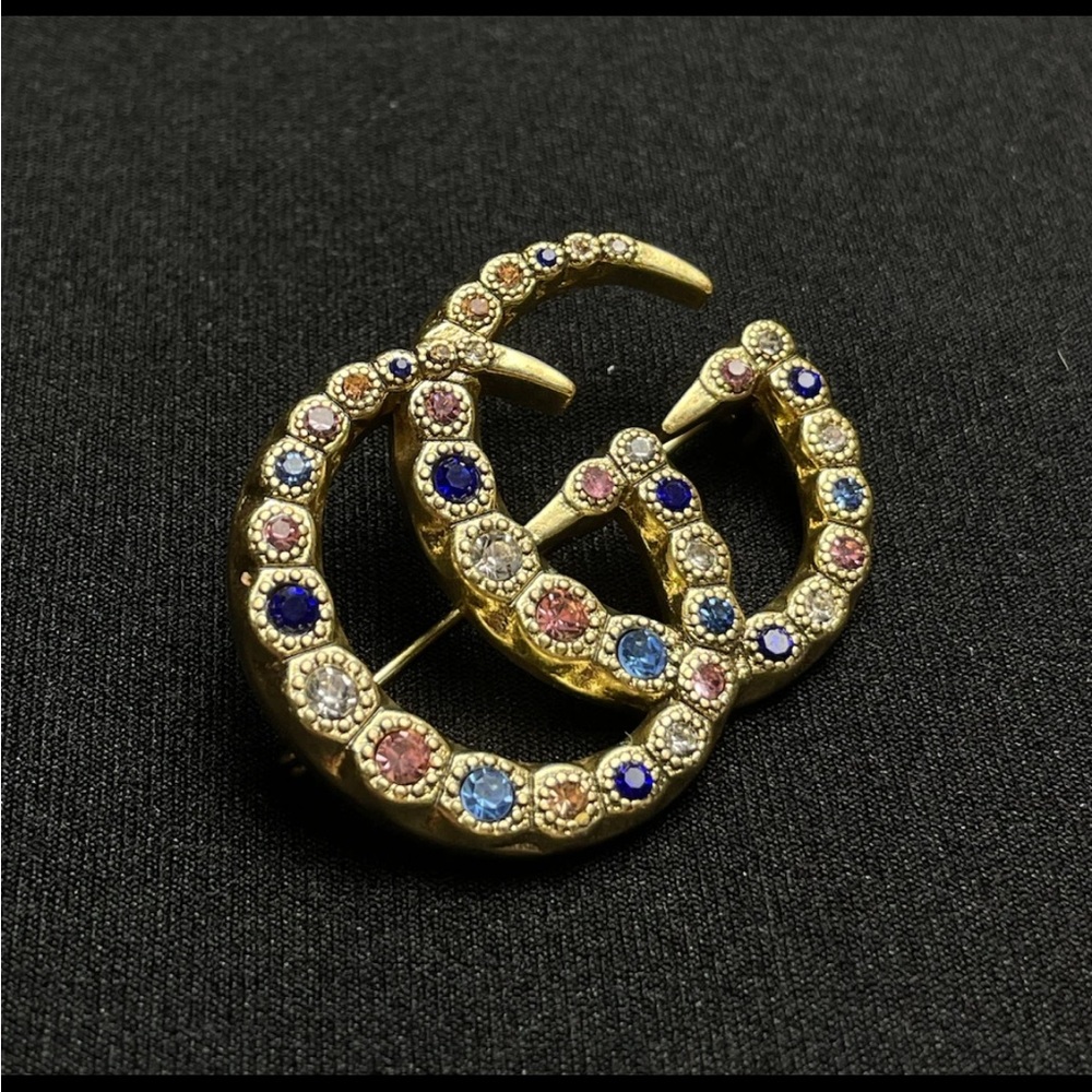 Gucci Gold Brooch with Pink and Blue Crystals - Picture 2 of 9